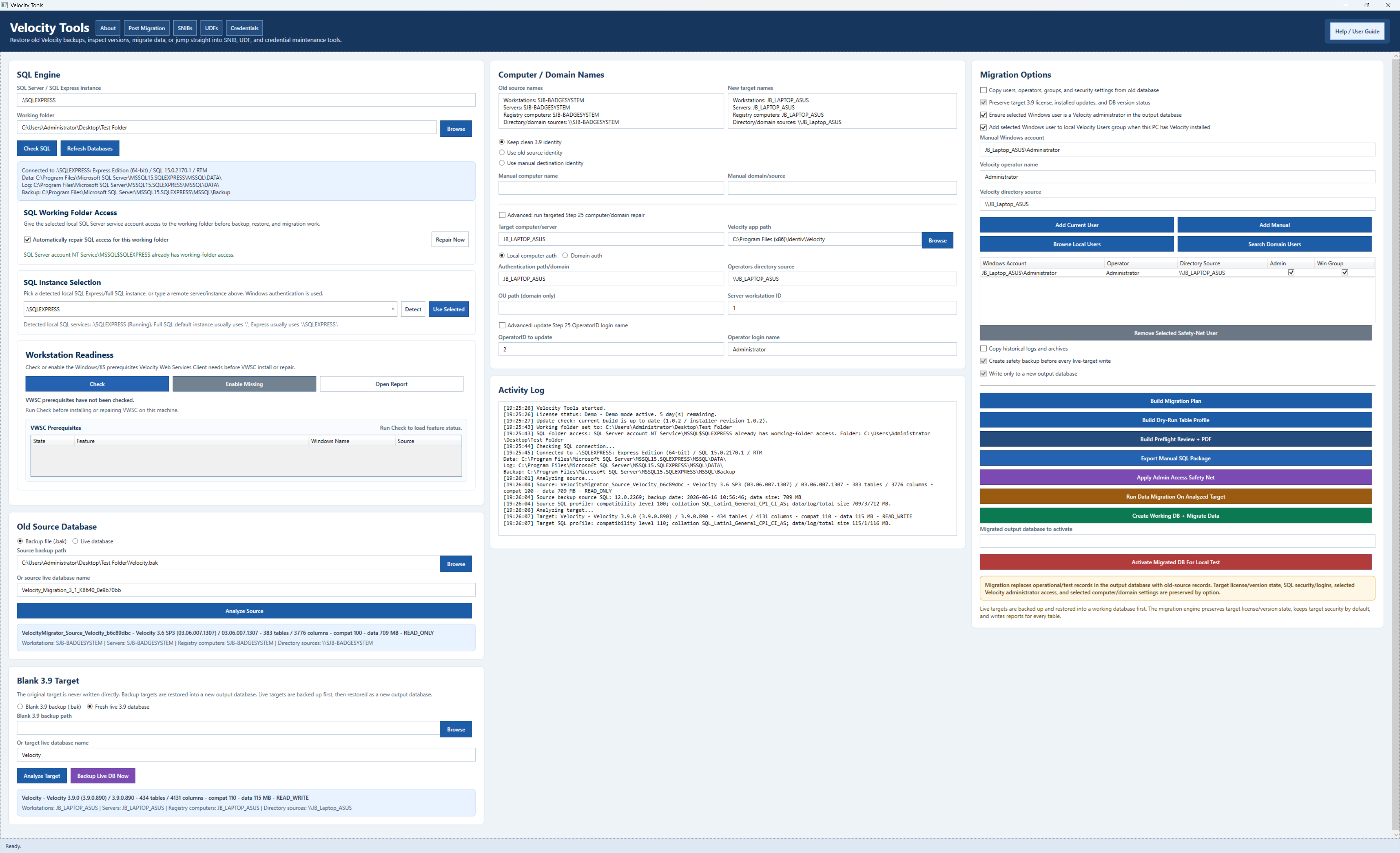 Velocity Tools migration workspace showing SQL, workstation, identity, and migration controls