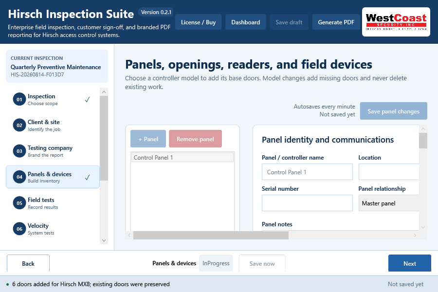 Hirsch Inspection Suite panels and field devices workspace