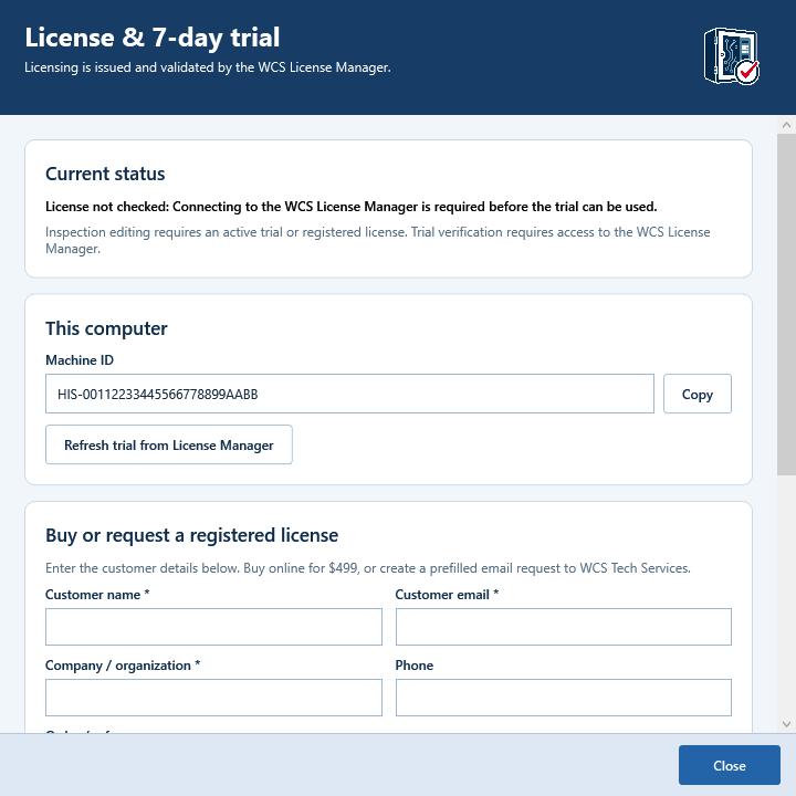 Hirsch Inspection Suite license and seven-day trial window