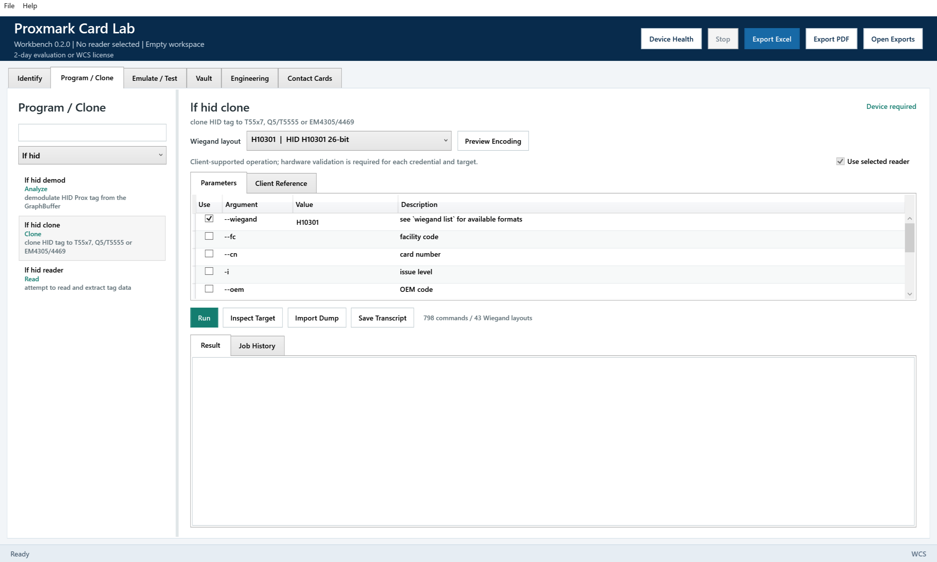 Proxmark Card Lab 0.2.0 technician workbench with Identify, Program / Clone, Emulate / Test, Vault, Engineering, and Contact Cards work areas in an empty workspace