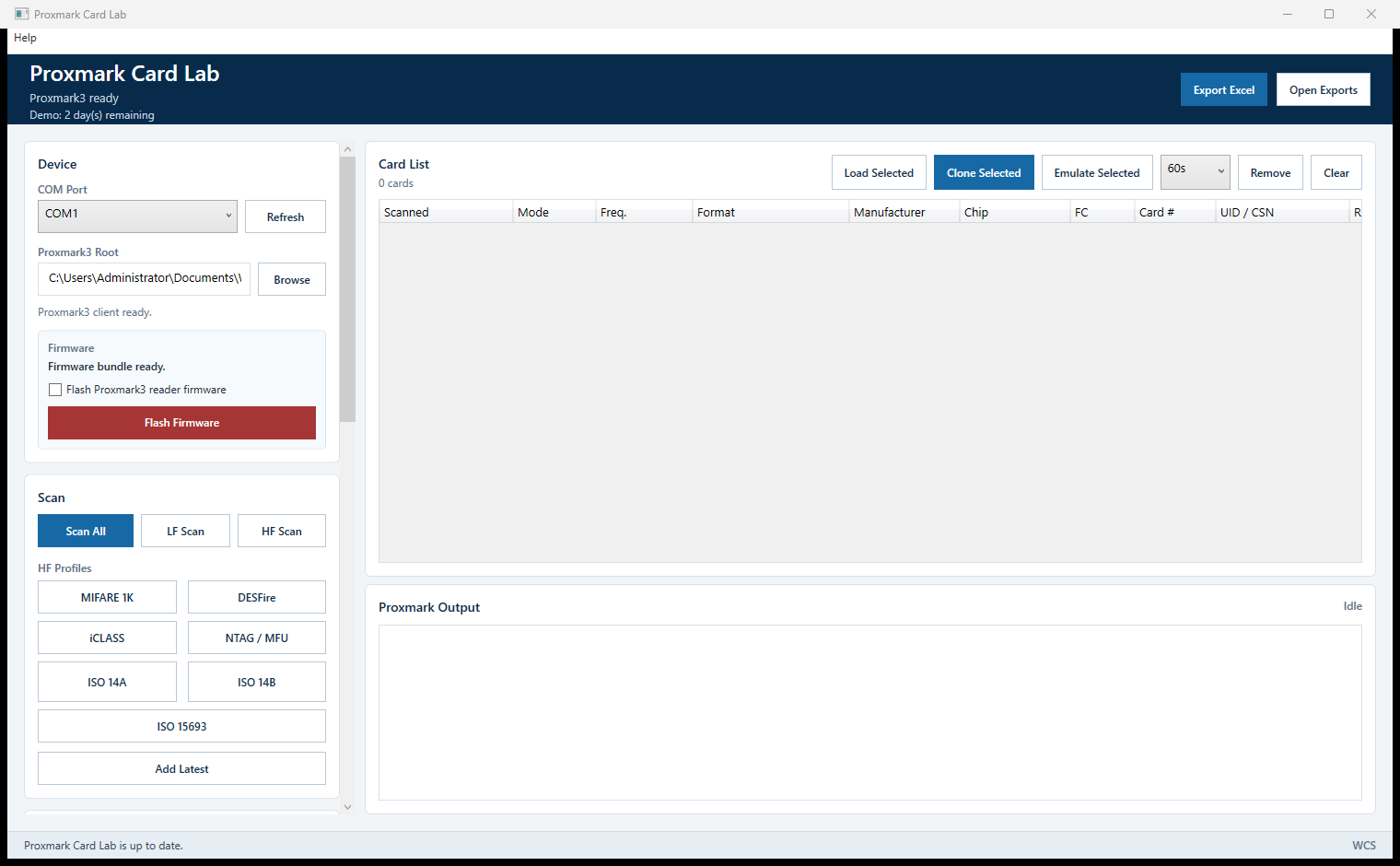 Proxmark Card Lab main window with device controls, card list, scan buttons, and Proxmark output panel