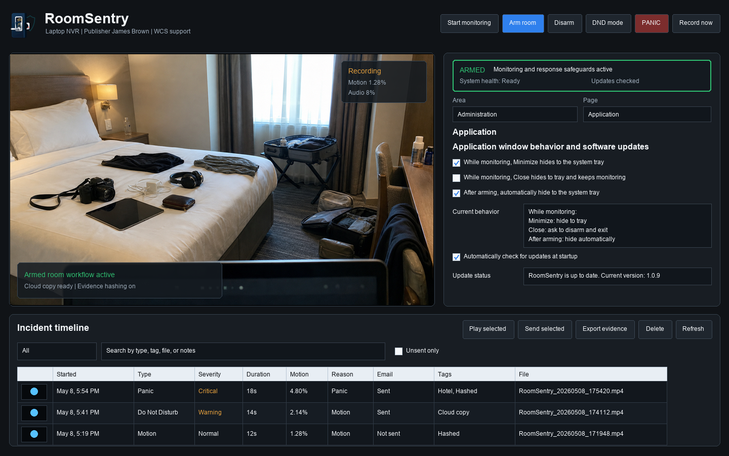 Room Sentry Application settings beside an active hotel-room monitoring preview