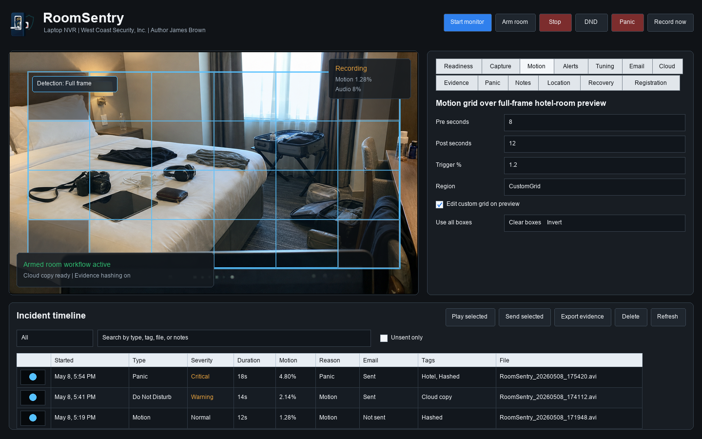 Room Sentry motion detection grid over a hotel-room camera preview
