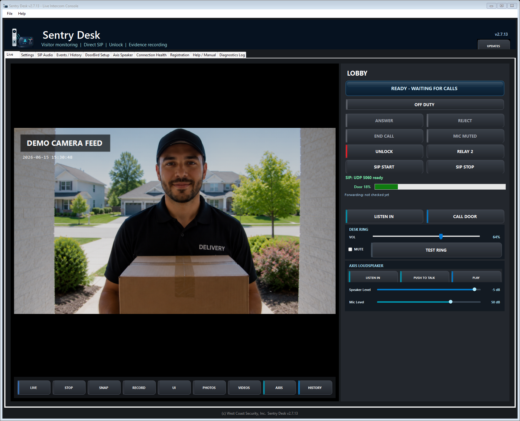 Sentry Desk live view showing DoorBird visitor video, door controls, event history, Axis loudspeaker tools, and call controls.