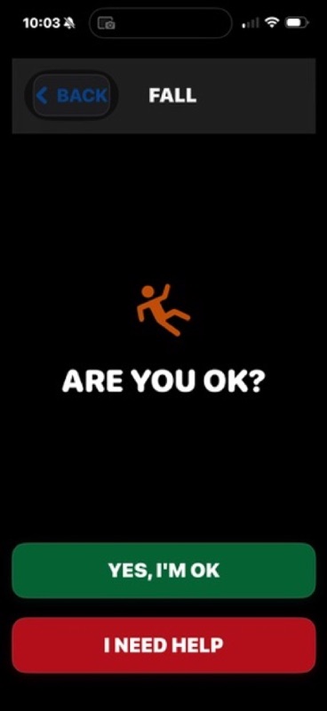 SafeHelp fall assistance screen with I'm OK and I Need Help choices