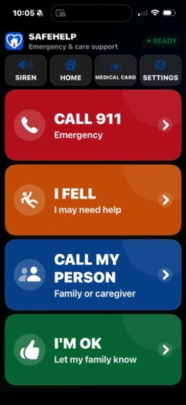 SafeHelp iPhone home screen showing large Call 911, I Fell, Call My Person, and I'm OK actions