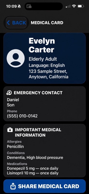 SafeHelp Medical Card with fictional identity, emergency contact, allergy, condition, and medication details