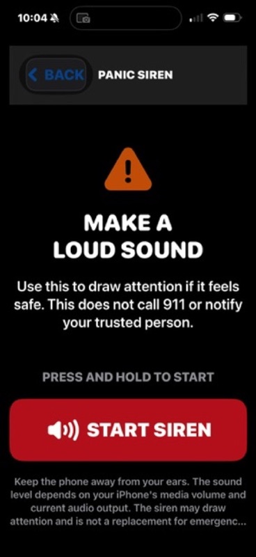SafeHelp panic siren screen with a press-and-hold Start Siren control