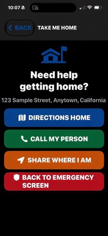 SafeHelp Take Me Home screen with directions, trusted-person calling, and location-sharing actions using a fictional address
